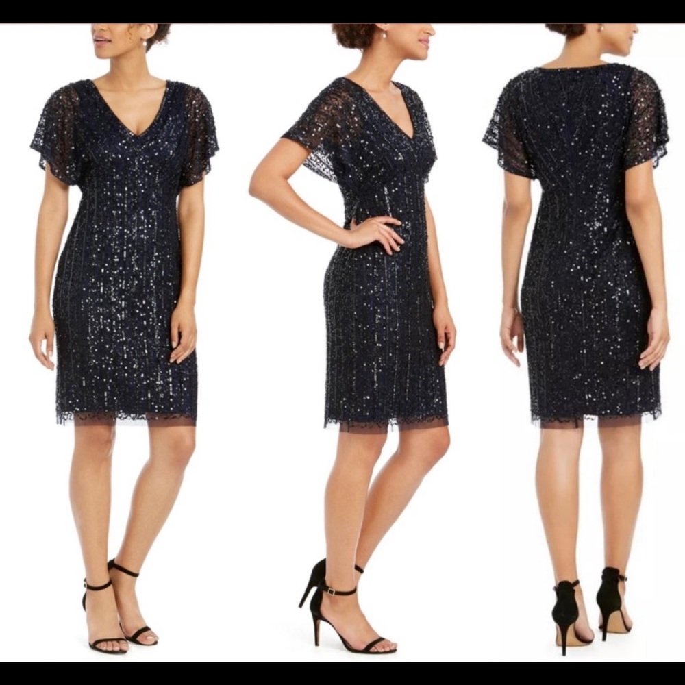 NWT Adrianna Papell [ 10 ] Embellished Flutter Sleeve Sheath Dress in Navy #G838